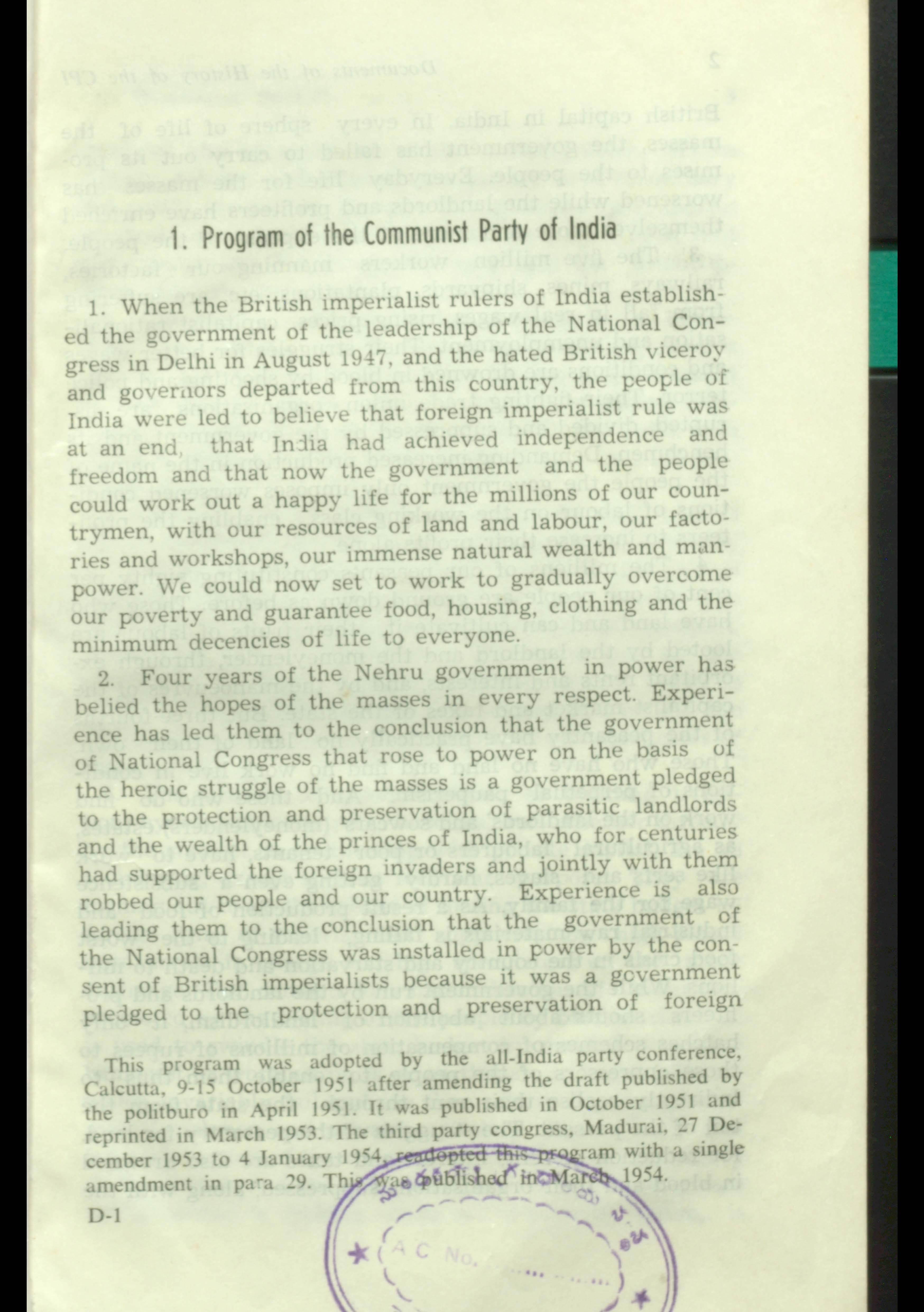 Documents of the  History of the  CPI (1951- Programme  of the  Communist party of  india