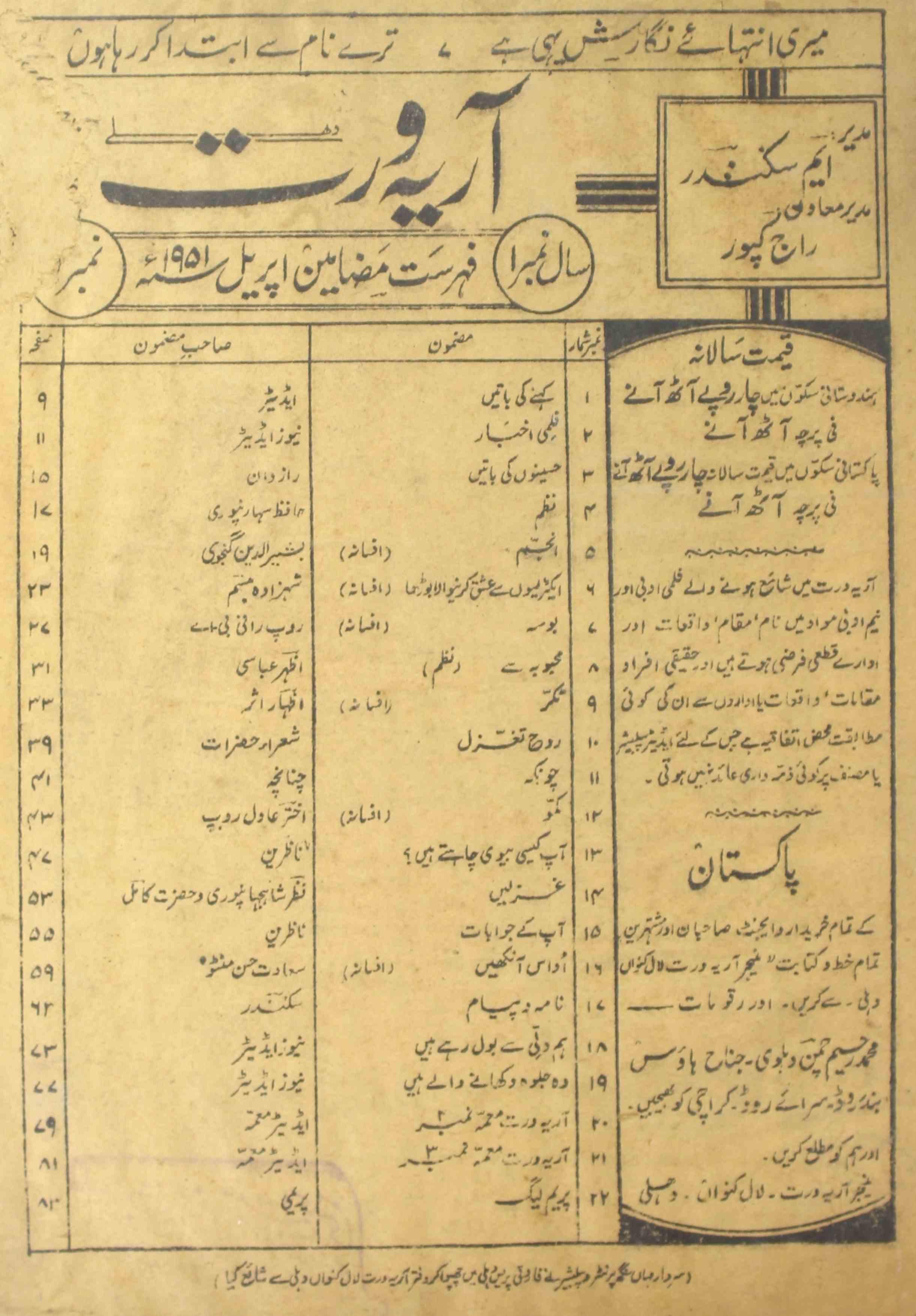 Arya Vart Jild 1 April 1951