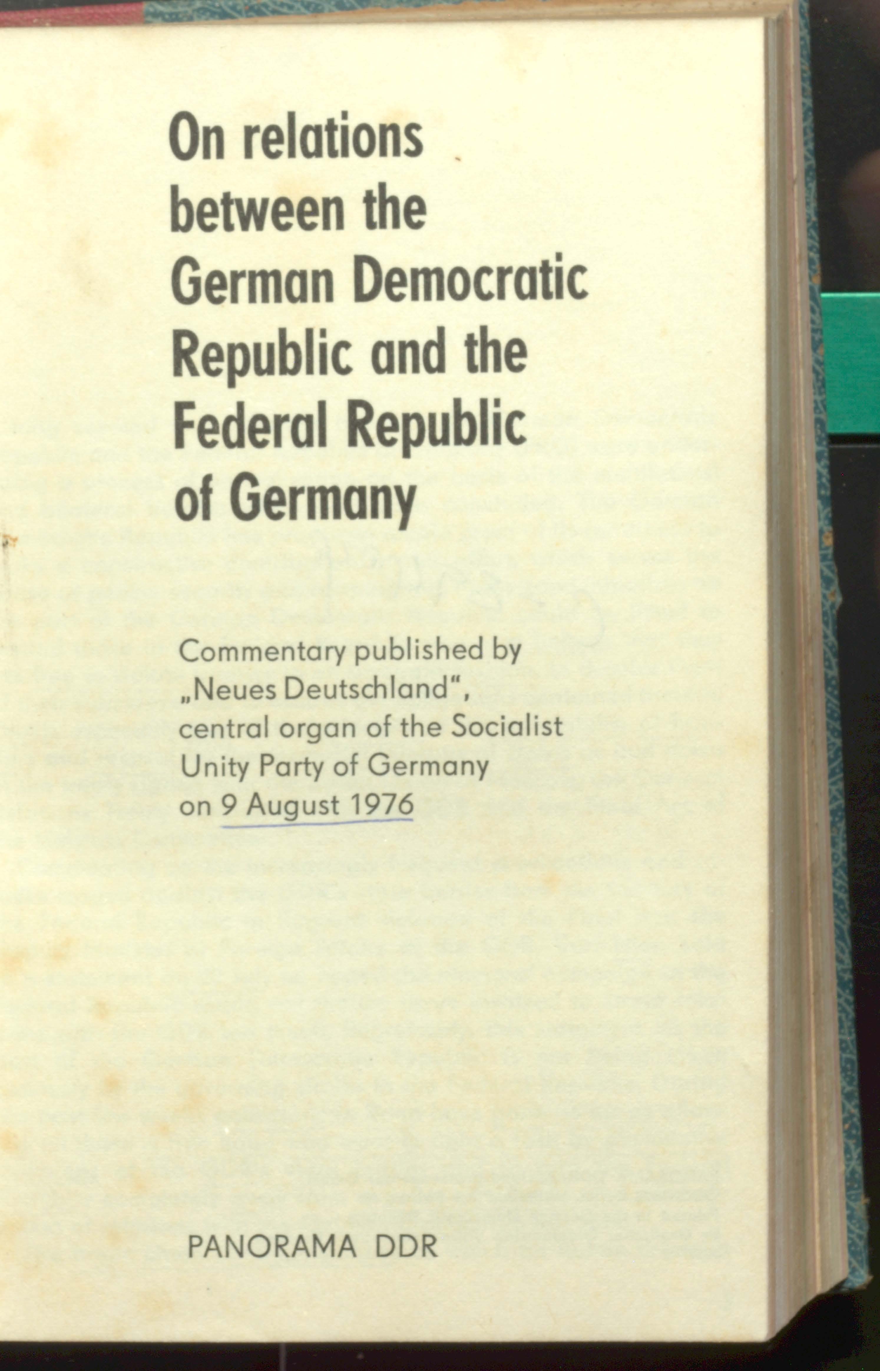 On Relations Between the German Democratic Republic And the Federal Republic of Germany