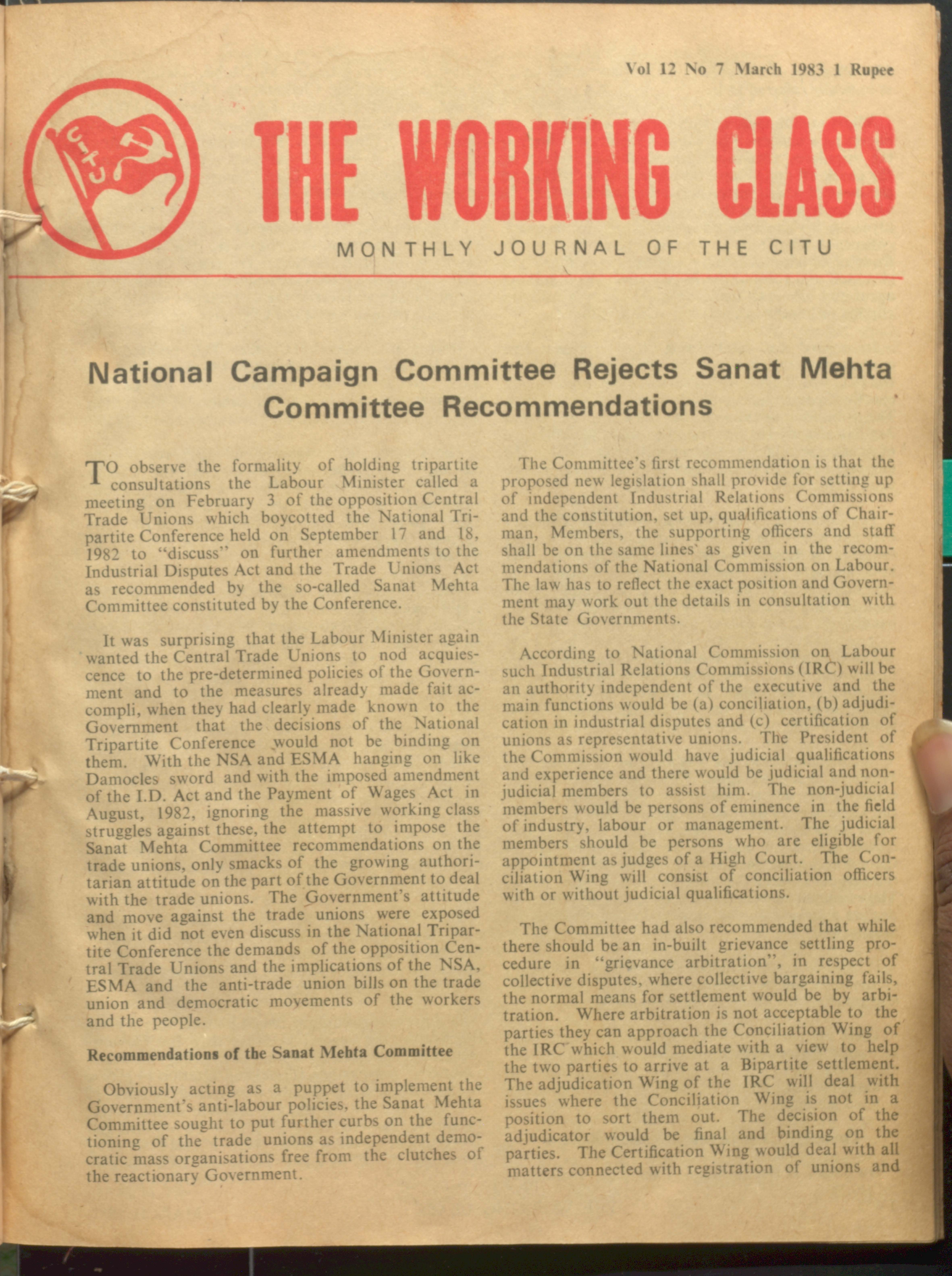 The Working Class Monthly Journal Of The CITU  March 1983, Valume - 12