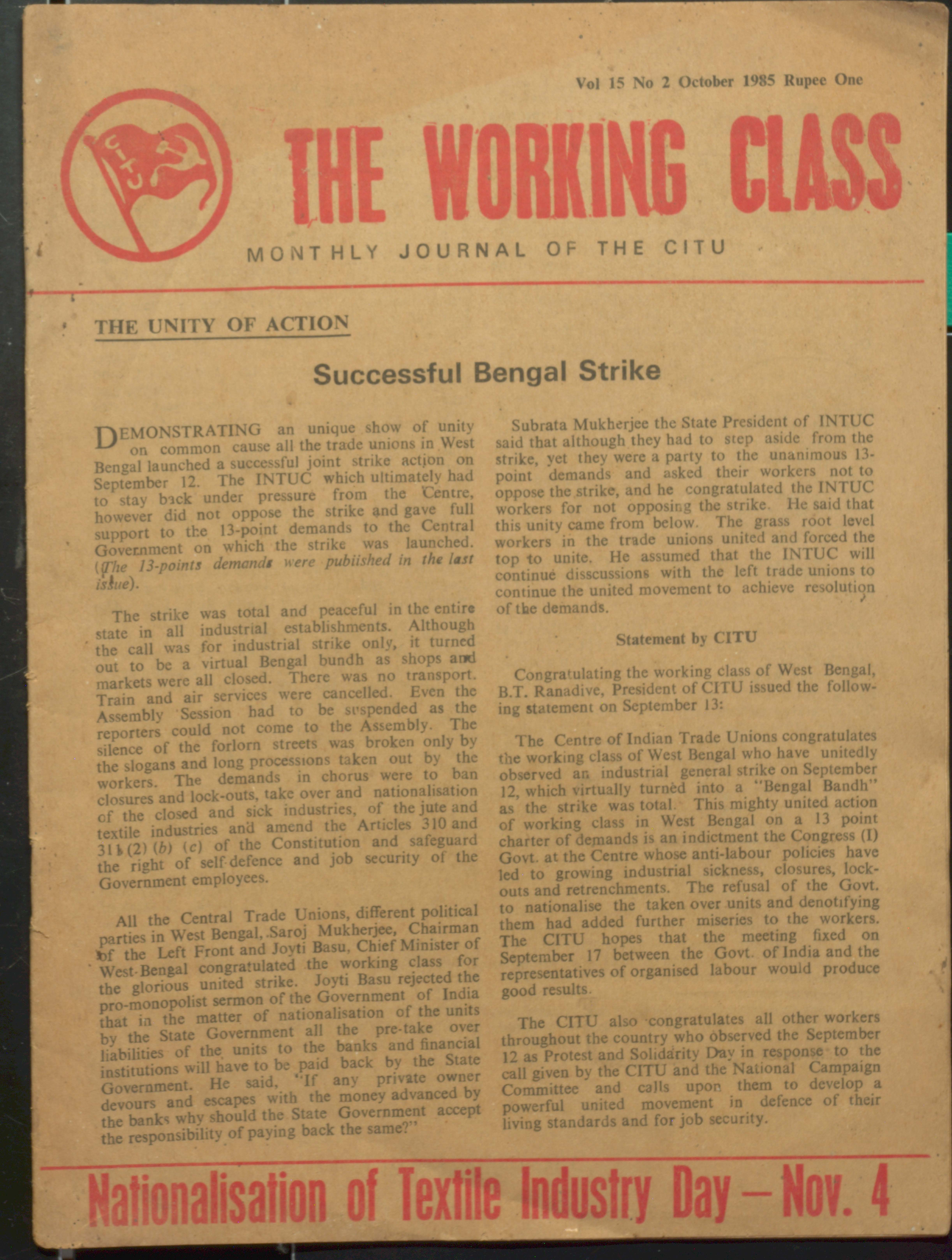 The Working Class Monthly Journal Of The CITU October 1985 vol-15